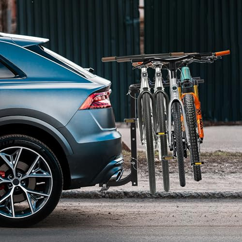 Car Bike Rack, Hitch Mount Bike Rack for 4-Bike, Steel Bicycle Carrier with Anti-Wobble Lock System, Hitch Tightener & Straps, Easy to Assemble For Cars Trucks SUV's Minivans