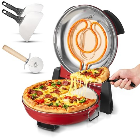 VEVOR Forno Elettrico per Pizza da 30,48 cm, Cuoci Pizza Elettrico per la Casa 1200 W con Pietra in Cordierite, Temperatura a 5 Modalità, Finestra di Visualizzazione, Riscalda Fino a 420 °C, Rosso