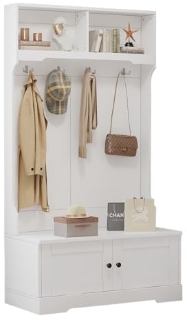 phosir Eingangsschrank mit Sitzbank &4 Haken – Weißer Garderobenschrank für Flur mit2 offenen Fächern, Partikelholz,101,5x183 cm