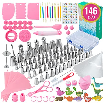 Kit di 146 accessori per decorazione torte con beccucci numerati per glassa, bocchette russe coreane con foglie, erba, beccucci spatola, raschietto, accoppiatori, stampi per fondente, sac à poche per