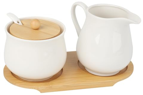 Mjölk- och sockersats, keramisk mjölkkanna och sockerskål med lock och sked, mjölkkanna porslin, gräddkanna med träbricka, gräddkanna mjölkbehållare, mikrovågsugns- och diskmaskinssäker (vit)