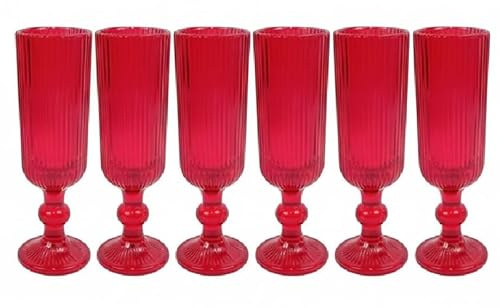Calice in VetrRosso 160 ml Bicchiere Flûte Elegante da Champagne o Spumante H18 cm con piede alto Design Rigato Ideale per Feste Tavola e Decorazioni Natalizie