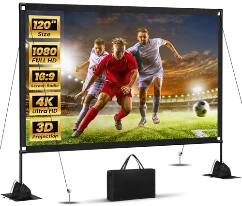 120inch Projector Screen with Stand: Portable Projector Screen Outdoor Indoor Front/Rear16:9 4K HD with Carry Bag, Sandbag - Lightweight Movie Screen for Backyard, Camping, Theater