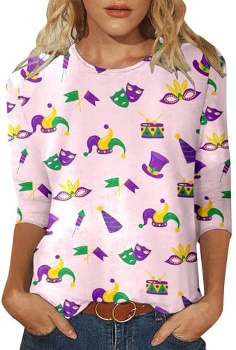 T-shirt décontracté à col rond pour femme avec couronne de plumes Mardi à manches 3/4, Rose, M