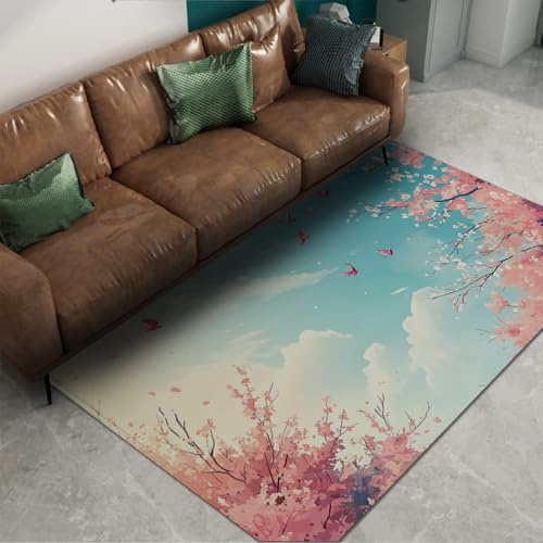 WEECHAINGE Alfombra Rosa cerezos en Flor 140x200cm Blue Sky Spring Flower Carpets Lavables Suave Pelo bajo y Antideslizante para Entrada al balcón salón