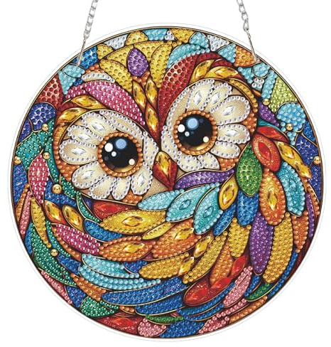 TOSTOG Diamond Painting Hängende Ornament Kit Eulen Diamond Painting Anhänger 5D Diamant Fensterbilder Beidseitig mit Kette für Party Kranz Tür Fenster Wand Deko (19.3×19.3cm)
