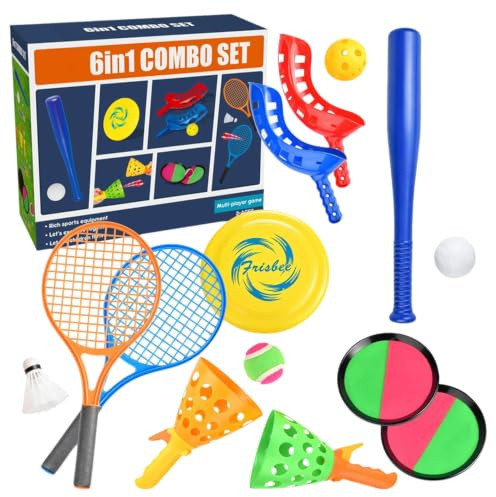 SKIKHN Garden Games,17 Pcs Toss and Catch Ball Set,6 in 1 Garden Toys Sports Set,Bat and Ball Sets for Kids，Scoop Ball,Frisbee & More,Toss Games Multiplay Set for Beach Camping Garden Park Party