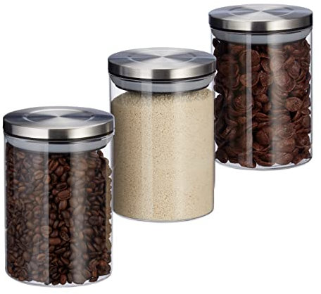 Relaxdays Barattoli in Vetro, Set da 3, Ermetico, Tris, 750 ml, Coperchio in Acciaio Inox, per Riso & Tè, Trasparente