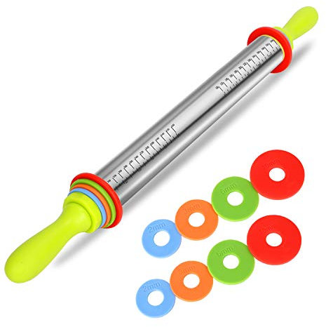 BYbrutek Rouleau Patisserie Réglable pour la cuisson, avec 4 Anneaux Amovibles et Poignée, Accessoires de Cuisson Antiadhésifs, en Acier Inoxydable, 35cm (35 cm en acier inoxydable avec poignée)