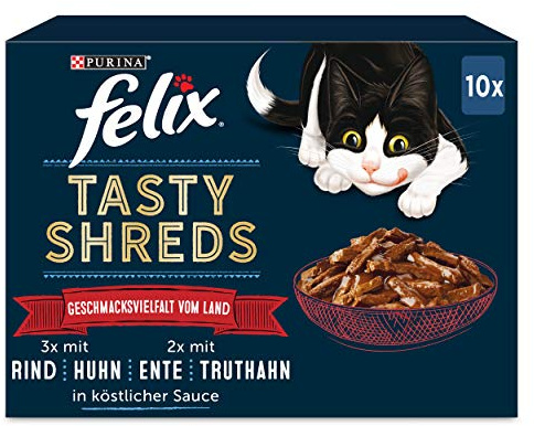FELIX Tasty Shreds in Sauce, Geschmacksvielfalt, 60er Pack (6 x 10 x 80g)