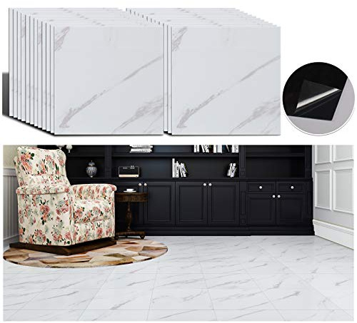 VEELIKE Fliesenaufkleber Marmor Boden Weiß 24 Stück PVC Bodenbelag Selbstklebend Bodenfliesen Überkleben Vinylboden Badezimmer Klebefliesen Boden Küche Wohnzimmer Waseerdicht Abnehmbar 30cm x 30cm