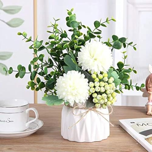 LADADA Hortensias Artificiales y pequeño jarrón de cerámica, Planta Falsa, Hoja de eucalipto, Bayas, arreglo Floral para decoración del hogar (Blanco)