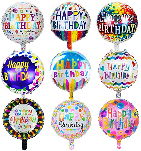 Ballon en aluminium joyeux anniversaire 9 pièces，Ballons ronds en aluminium d'anniversaire，Décoration de ballon d'anniversaire avec motif coloré，Ballons pour la décoration de fête d'anniversaire