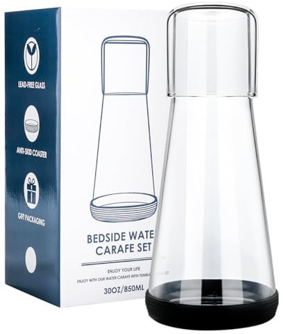 Quyimy Bedside Water Carafe with Glass,Water Carafe Set with Tumbler Glass for Nightstand Bedroom Bath,Night Clear Carafe with Cup & Black Silicone Coaster for Mouthwash,Water,Juice,(30 oz/850ml)