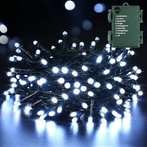 Weihnachtsbeleuchtung Batterie Innen, BrizLabs 20M 200 LED Außen Weihnachtsbaum Lichterkette 8 Modi Wasserfest Dekorative Lichterketten für Schlafzimmer Haus Aussen Hochzeit Terrasse Patio, Kaltweiß