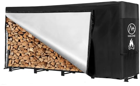 NALONE Kaminholzregal Aussen mit Wasserdichter Abdeckung und Tragetasche,Brennholzregal Metall 120 x 116.8 x 35.1 cm für holzlager holzstapelhilfe aussen 4FT (Black, 8FT)