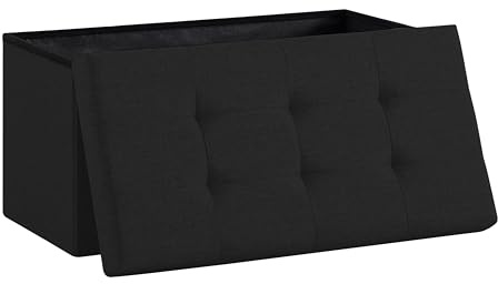 Zedelmaier Sitzbank mit Stauraum, faltbar, 76 x 38 x 38 cm, Schwarz | Leinen, gepolstert, 80 L, bis 150 kg; als Sitzhocker mit Stauraum, Truhenbank und Fußbank für Flur, Schlaf- und Wohnzimmer