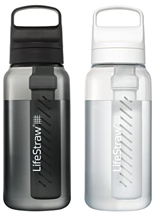 LifeStraw Go Series – BPA-Free Water Filter Bottle for Travel and Everyday Use, Removes Bacteria, Parasites and Microplastics, Improves Taste, 1L 2-Pack Icelandic Blue and Aegean Sea