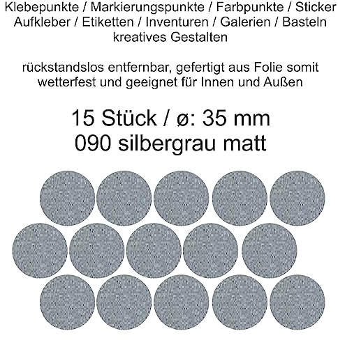 Aufkleber Etiketten Klebepunkte aus Folie 15 Stück silber matt rund 35 mm selbstklebend farbig wetterfest Decal Markierungen Organisieren DIY basteln verzieren Modellbau Scrapbooking