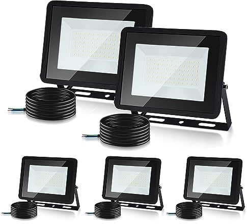 Herrselsam Utomhus LED-spotlight, 5 st 50 W LED-strålkastare för utomhusbruk, 4 250 LM, säkerhetsbelysning, varmvit, 3 000K, IP66, vattentät LED-belysning för fabriker, parkering (utan kontakt)