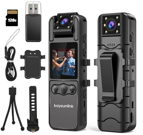 kaysunlink Caméra Corporelle FHD 1080P avec Carte 128 Go, Objectif Rotatif à 180°, Vision Nocturne, Mini Caméra Portable pour la Police, Enregistreur Vidéo d'action Sportive en Extérieur, Noir