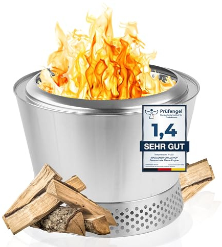 grillshop.at Feuerschale rauchfrei DM 60 cm - Edelstahl Grill Feuerschalen für den Garten - Feuerschale mit Grillrost Camping Zubehör - Holz & Pellets Betrieb - Flame Engine Vulcano Tamu