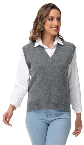 MODFUL Pull en tricot sans manches avec col en V pour femme - Gilet classique chunky - Veste en maille, gris foncé, S