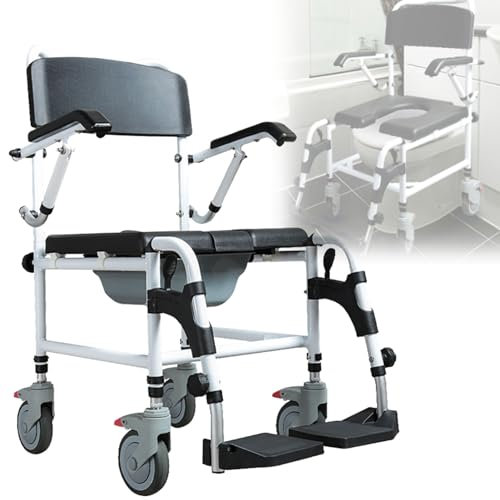 vanenferse Toilettenstuhl Faltbar Für Senioren, Duschstuhl Mit Rollen, Duschstuhl Mit Toilette Für Senioren, Rollstuhl Mit Toilette Für Patienten Senioren Und Schwangere, Bis 150 Kg Belastbar