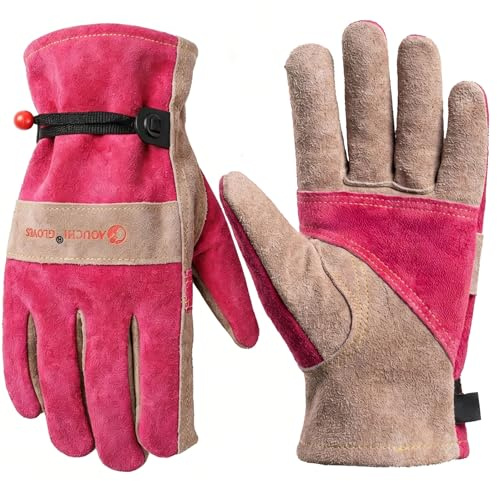 AOUCHI Women's Leather Work Gardening Gloves, Gardening,Welding | Construction, Chainsaw, Farm, Angle Grinder, Ranch Leather Gloves. Cowhide, Cotton Lining, Comfortable, Flexible and Durable