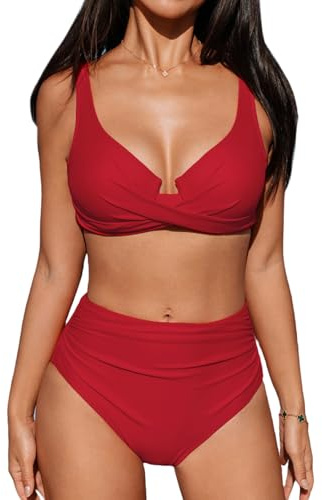 CUPSHE Ensemble de bikini pour femme taille haute Maillot de bain à armatures Bretelles réglables à crochet Fermeture complète Bas, rouge uni, Taille M