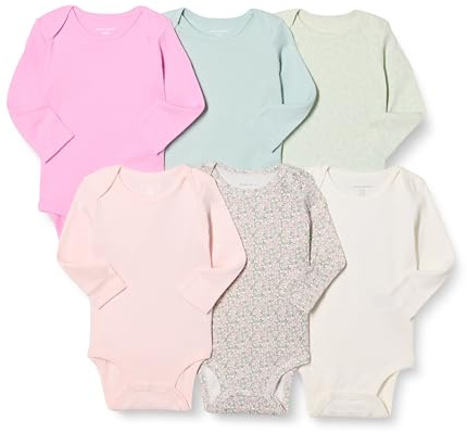 Amazon Essentials Body in Cotone a Maniche Lunghe Unisex - Bimbi 0-24, Pacco da 6, Floreale/Rosa, 0 mesi