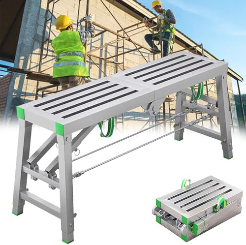 GESAIDES Plateforme D'échafaudage Pliable, 440 kg, Escabeaux industriels Réglables en Acier, Plate-Forme de Travail Robuste et Portable pour Chantiers de Construction et Rénovations,160cm