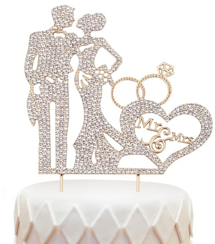 Wedding Cake Topper, Zinc Alloy Engagement Cake Topper Rhinestone Shining Wedding Topper for Cake Bride and Groom Cake Topper for Wedding Anniversary (Gold, Mr. & Mrs.)