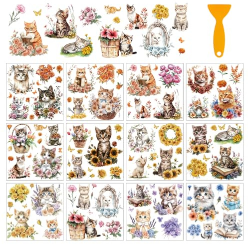 arricraft 12 Blatt Tiere Und Blumen Rubbelbilder Zum Basteln 12 Stile Katzen Und Blumen PVC Aufkleber Zum Aufreiben Abziehbilder Für Zuhause Fenster Möbel Holz DIY Handwerk