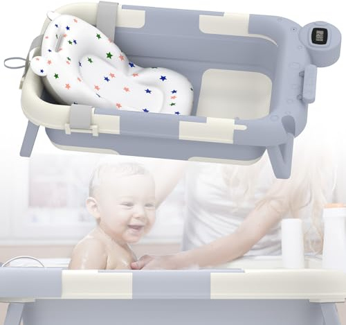 LZQ Babybadkar hopfällbart babybadkar vikbart med stödkudde och termometer babybadtunna, bärbart resebadkar för nyfödda från 0–12 månader (ljusblå + vit)