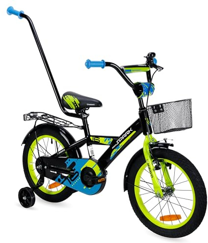 MIRAVO Kinderfahrrad für Jungen von 3-8 Jahren mit Schubstange - Leichtes Fahrrad für Kinder mit Korb - V-Brake Bremsen - Spark