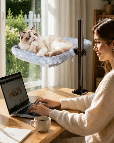 L&W BROS. Katzen-Schreibtischbett – unterstützt bis zu 20,4 kg, Klemm-Hängematte mit 360° drehbarem Arm, höhenverstellbarer Sitzstange, robuster Metallrahmen, doppelseitiger waschbarer Bezug