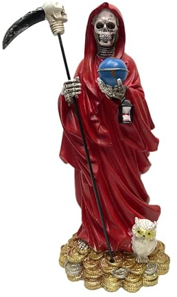 Moviebros Santa Muerte Decorative Statue, Red Robe with Scythe and Owl, 12 Inch