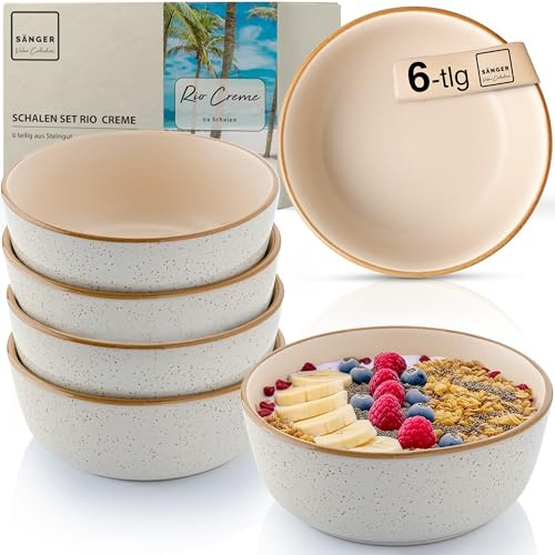 SÄNGER Rio Creme Steingut Müslischalen Set 6 teilig, Schüsseln | 6 Personen, Schalen multifunktional, kratz- mikrowellen- spülmaschinenfest, Tiefe Teller cremefarben 600 ml