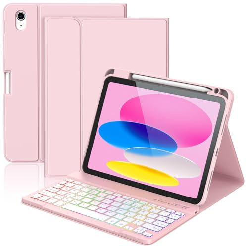 KBCASE Hülle mit Tastatur für iPad A16 11/10.Generation(112025/10.92022) | 7 Farben Beleuchtete Abnehmbare Magnetisch Bluetooth Tastatur mit Stifthalter für iPad 11 Zoll/10.9, QWERTZ Layout, Rosa