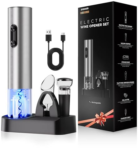 6-in-1 Electric Wine Opener Gift Set, BABONIR Stainless Steel USB-C Rechargeable Automatic Wine Bottle Opener, Foil Cutter, Vacuum Stopper, Wine Aerator Pourer, Bottle Opener Wine Gifts for Women