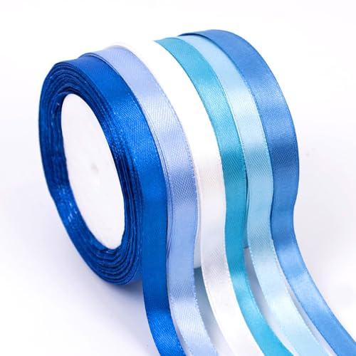 Blue Satin Ribbon for Gift Wrapping, 6 Rolls Blue Mixed Ribbon 1CM Wide | Perfect for DIY Crafts, Wedding Decor, Gift Packaging, Solid Color Silk Ribbon for Bouquets Party Decorations