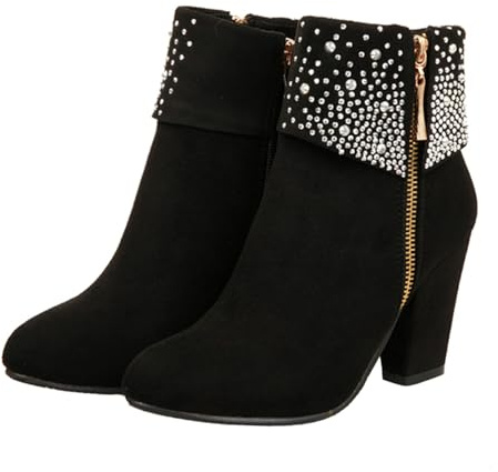 Beaupretty Botines de Tobillo Negros para Mujer Tacón Grueso Cómodos y Fáciles de Poner, Material Pu y Goma, Ideales para Fiesta y Banquete en Otoño E Invierno
