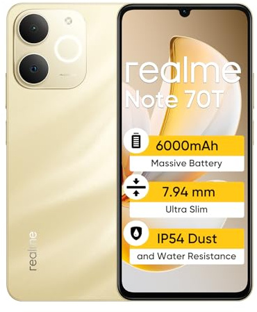 realme Note 70T Smartphone 4+256GB,Batterie de Grande capacité 6000mAh,écran 90Hz pour Le Confort oculaire,Chipset UNlSOc T7250,IP54,Or
