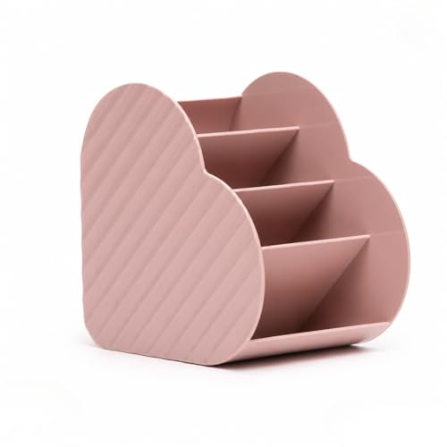 HI BEAUTY! Organizer Porta Trucchi a Forma di Cuore – 4 Scomparti a Scalare per Palette Rossetti e Cosmetici – Design Rosa Antico con Texture – 15,8 x 11,8 x 15,8 cm