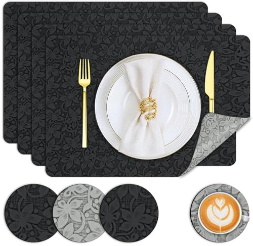 BOCHION Place Mats for Table 4, Double Thickened Heat Resistant Placemats and Coasters of PU Leather, Dual-Sided Non-Slip Table Placemat, Washable Outdoor Placemats for Garden (Black and Grey)