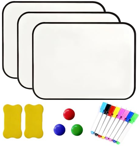 3 Stück Whiteboard Klein: 21×30 cm Doppelseitiges Whiteboard Magnetwand mit Schwarzem Rahmen mit 8 Stiften 3 Magneten und 2 Radiergummi, Trocken Abwischbar Magnettafel Klein für Haus,Büro Schule