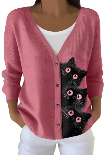 Generisch Cardigan pour femme avec motif de chat amusant - Cardigan léger avec col en V et boutonnière - Haut charmant pour les amoureux des chats
