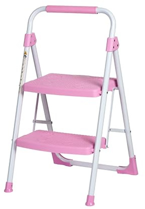 DEZEX Pink Step Ladder 2 Step Folding,Step Ladder with Handgrip,Step Stool for Adults Ergonomic Foldable,2 Step Folding Step Stool with Anti-Slip Pedal,Multi-Use for Household and Home Kitchen