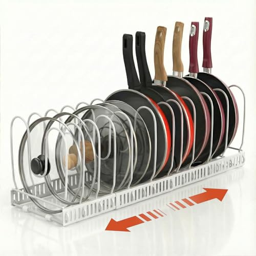 HomeVC Pan Organiser for Cupboard Expandable Pans Organiser Rack with 14 Adjustable Dividers, Pot Lid Holder, Pan Storage Rack for Kitchen Cupboard, White